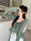 Lilideco Japanese Y2k Lace Shirt Vintage 2000s Style Ruffles Blouses Grunge Aesthetics Irregular Green Shirts Retro 90s Sexy Cardigan