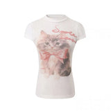 Lilideco Fashion Sweet Cute Cat Print O-neck Pink T-shirts Y2k Grunge Slim Fit Tops Women 2024 Summer New Short Sleeve Tee Shirt