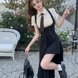 Lilideco 2024 Spring New Lapel Neck Shirts Women+ Vintage Lace Up Irregular Slim Waist Black Strap Dress Y2k E-Girl Two Piece Sets