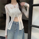 Lilideco Elegant Vintage Hole Hollow Out Cardigans Y2k E-Girl Slim Fit Knitted Tops Women 2025 New Sleeve Sun Protection Coat Sweater