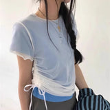 Lilideco Korean Fashion Drawstring Ruched T-shirts 2025 Summer New O-neck Tops Women Y2k See Through Mesh Short Sleeve Tee Shirt