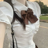 Lilideco Korean Simple White Puff Sleeve Slim Fit Shirts Women+ Summer  Waist Ruched A-line Skirts+ Brown Bow Y2k Three Piece Sets