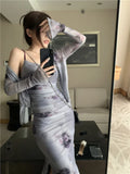 Lilideco Vintage Rose Print Tie Dye Camisole Slim Waist Split Dress+ Long Sleeve Sun Protection Cardigan 2024 Summer New Two Piece Sets