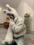 Lilideco 2025 New Lazy Fluffy Rabbit Ears Hoodie Coat Women Y2k Long Sleeve Zipper Tops Mujer Autumn Winter Thicked Warm Jackets