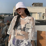 Lilideco Japanese O-neck Oversize Tee Shirt Summer Sexy See Through Mesh Lace T-shirt Y2k E-Girl Short Sleeve Bottoming Tops Women