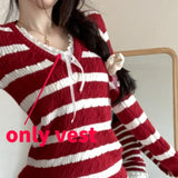 Lilideco Sweet Striped V-neck Fried Dough Twists Sweaters Mujer+ Lace Up Vest for Women+ High Waist  Ruched Skirts Three Piece Sets