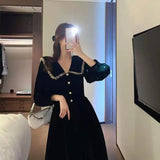 Lilideco Sweet Vintage Black Peter Pan Collar Dresses Autumn New Slim Waist Dress for Women Y2k E-Girl Long Sleeve Vestidos Mujer