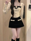 Lilideco Elegant Sweet Square Collar Bow Long Sleeve Tops Women+ Y2k E-Girl High Waist Bodycon 2024 Spring New Skirts Two Piece Sets