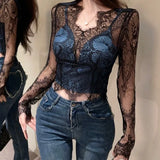 Lilideco Vintage Simple V-neck Lace Hollow Out Blusas Mujer 2025 Summer New Slim Fit Shirts Women Y2k Grunge Mesh Long Sleeve Bluses