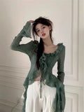 Lilideco Japanese Y2k Lace Shirt Vintage 2000s Style Ruffles Blouses Grunge Aesthetics Irregular Green Shirts Retro 90s Sexy Cardigan