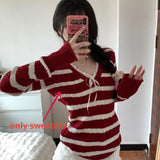 Lilideco Sweet Striped V-neck Fried Dough Twists Sweaters Mujer+ Lace Up Vest for Women+ High Waist  Ruched Skirts Three Piece Sets