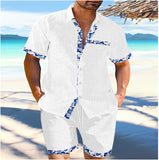 Lilideco Summer Mens Cotton Linen Two Piece Set Contrast Color Short Sleeve Lapel Shirts And Shorts Loose Suits Hawaiian Beach Outfits