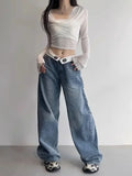 Lilideco Perschat Y2k American Retro Jeans 2024 Summer Women New Flipped Fashion Design Instagram Wide Leg Loose Street Casual Straight Leg Pants