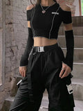 Lilideco Black T-shirts Gothic Open Shoulder Sleeve Y2k Crop Tops