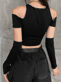 Lilideco Black T-shirts Gothic Open Shoulder Sleeve Y2k Crop Tops