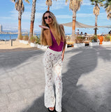 Lilideco valentines day outfits White Lace Flower Jacquard Sheer Flared Trousers Woman Hollow Out Pants Vintage Trouser Y2k Holiday Vacation Street 2025 Summer