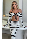 Lilideco Outfit Sexy Knitted Sweater Women Set  New Striped Long Sleeved Hanging Collar Skirt Two-piece Set Party Vacation Beachwear