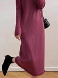 Lilideco Long Sleeves Loose Fringed Solid Color Mock Neck Midi Dresses Sweater Dresses