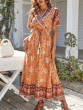 Lilideco Bohemia Floral Print Vintage Casual V-neck Ruffles Maxi Dress