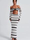 Lilideco Outfit Sexy Knitted Sweater Women Set  New Striped Long Sleeved Hanging Collar Skirt Two-piece Set Party Vacation Beachwear