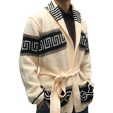 Lilideco Autumn Winter Men Thicken Jacquard Knitted Cardigan Coat Vintage Turndown Collar With Waistband Thick Needle Sweater Streetwear