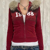 Lilideco American Y2K letter embroidered cardigan zipper high quality burgundy oversized hoodies women winter new street casual tops