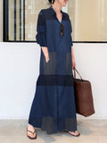 Lilideco Long Sleeves Loose Plaid Pockets Lapel Maxi Dresses Shirt Dress