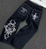 Lilideco Streetwear Skull Pocket Embroidered Jeans Y2K Hip Hop Retro Baggy Jeans Black Pants Mens Punk Rock Low Rise Wide Leg Trousers