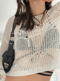 Lilideco Distressed Crochet Knit Long Sleeve Crop Top