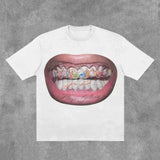 Lilideco T Shirt Y2K Short Sleeve Tops Harajuku Hip Hop Retro Teeth Graphic Print Oversized TShirt Mens Womens Round Neck Cotton Clothes