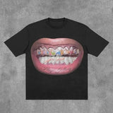 Lilideco Streetwear T Shirt Y2K Gothic Hip Hop Teeth Graphic Print Oversized TShirt Men Women Punk Rock Crew Neck Cotton Short Sleeve Top