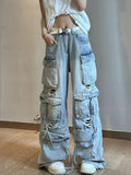 Lilideco Light blue washed ripped multi-pocket high street cargo pants women aesthetic fashion American retro wide leg baggy jeans