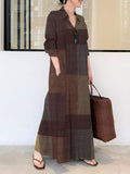 Lilideco Long Sleeves Loose Plaid Pockets Lapel Maxi Dresses Shirt Dress