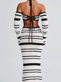 Lilideco Outfit Sexy Knitted Sweater Women Set  New Striped Long Sleeved Hanging Collar Skirt Two-piece Set Party Vacation Beachwear