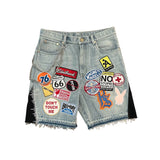 Lilideco Streetwear Retro Patchwork Denim Short Y2K Jeans Men Women Hip Hop Cartoon Graphics Retro Blue Loose Denim Fitness Casual Shorts