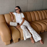 Lilideco valentines day outfits White Lace Flower Jacquard Sheer Flared Trousers Woman Hollow Out Pants Vintage Trouser Y2k Holiday Vacation Street 2025 Summer