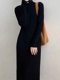 Lilideco Long Sleeves Loose Fringed Solid Color Mock Neck Midi Dresses Sweater Dresses