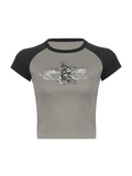 Lilideco Raglan Sleeve Grunge Wing Print Crop Top