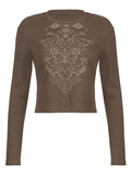 Lilideco Rib Long Sleeve Printed Crop Top