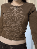 Lilideco Rib Long Sleeve Printed Crop Top