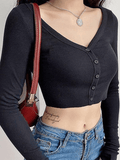 Lilideco Ribbed Long Sleeve Button Crop Top