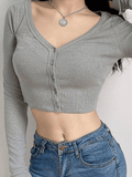 Lilideco Ribbed Long Sleeve Button Crop Top