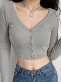 Lilideco Ribbed Long Sleeve Button Crop Top