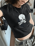 Lilideco Skull Print Short Sleeve Y2K Crop Top