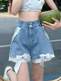 Lilideco Sweet Lace Wide Leg Denim Shorts Summer