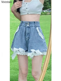 Lilideco Sweet Lace Wide Leg Denim Shorts Summer